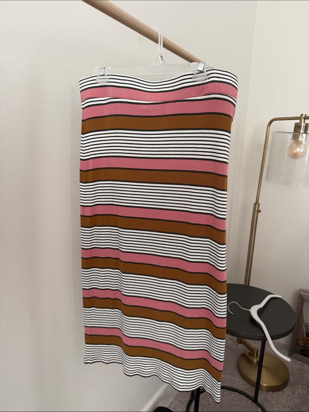 LOFT Pink, Brown and White Striped Ribbed Midi Skirt